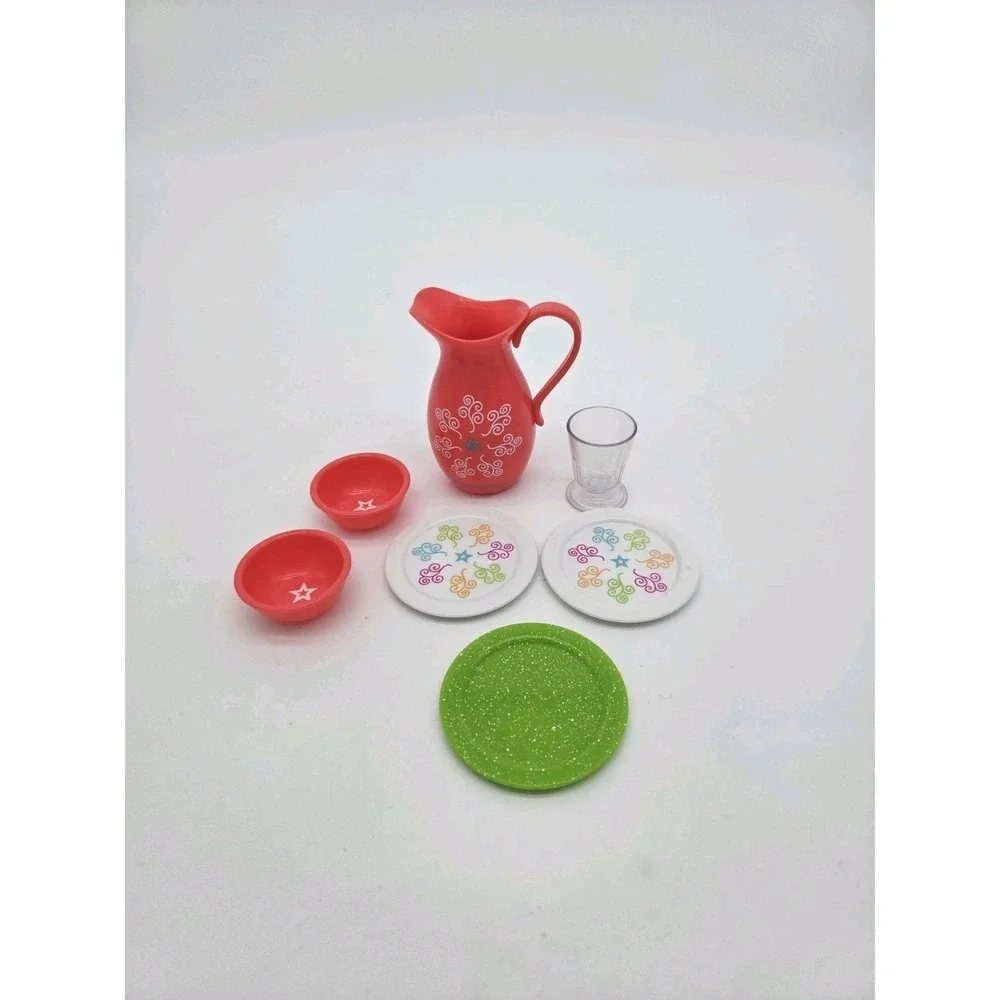 American Girl Doll Kit Pitcher Glass Plates Set Dishes Pink Green